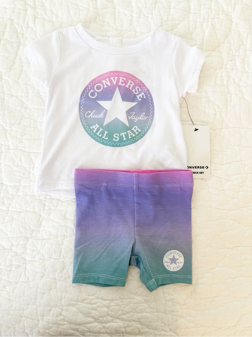 Converse Kids White Tee with Purple-Teal Ombre Shorts